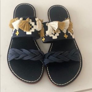 Soludos leather embroidered fringe slide sandals